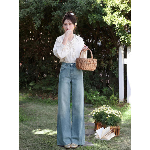 鹿向南「午后漫步」慵懒风蓝色烫钻牛仔裤女夏季新款显瘦气质长裤 商品图2