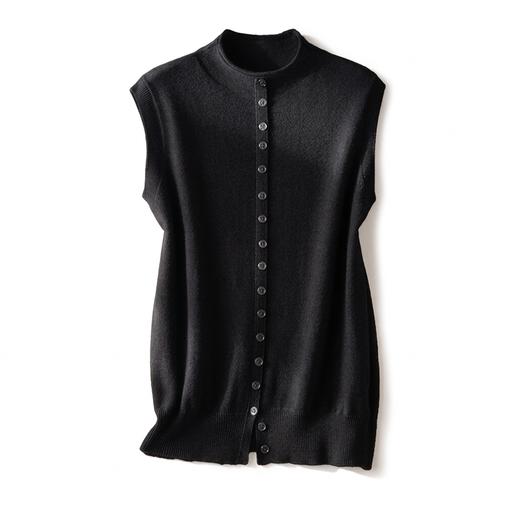 清冷风骨~半高领卷边无袖6A级白厂丝 羊毛背心单排扣马甲YM260588 商品图2