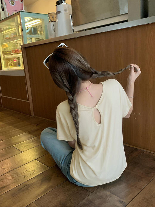 专柜实拍【亚麻+莱赛尔】拉夏贝尔/La Chapelle小心机设计感！宽松显瘦圆领后背镂空扭结四色短袖T恤 商品图11