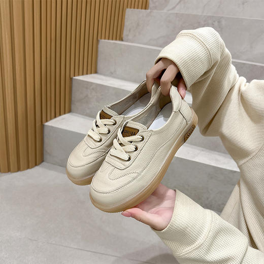 新品2026头层牛皮休闲单鞋韩版系带懒人小白鞋果冻底妈妈鞋58005 商品图1