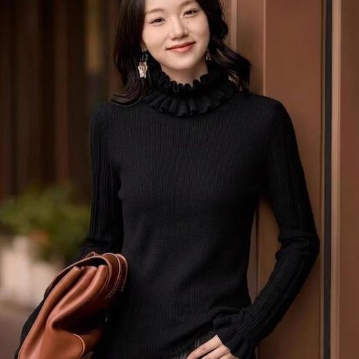 双生清荷~6A级白厂丝 羊毛半高领双层荷叶边修身显瘦打底YM260574 商品图0