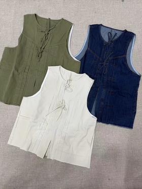 F040502春夏新款复古系带毛边牛仔无袖马甲新中式通勤外搭上衣