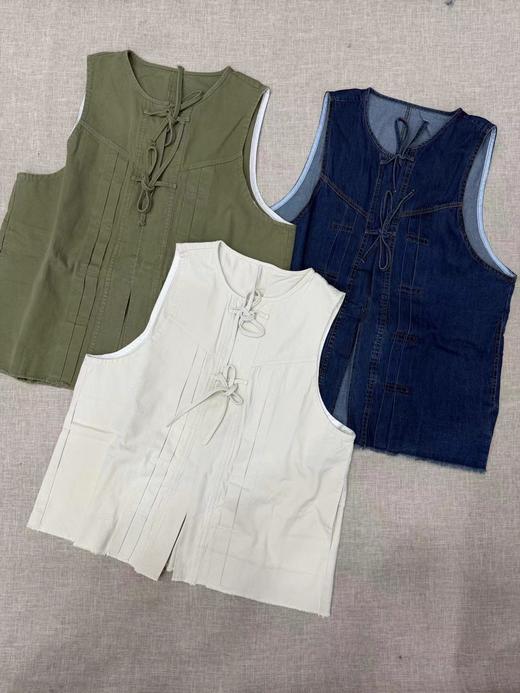 F040502春夏新款复古系带毛边牛仔无袖马甲新中式通勤外搭上衣 商品图0