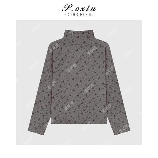 04-2潘依绣丁丁宠粉 简约百搭小碎花半高领显瘦花边长袖上衣Q72618 商品图0