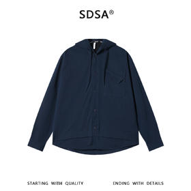 SDSA男装2026新款高贵轻奢简约纯色下摆拼接纽扣连帽长袖衬衫百搭
