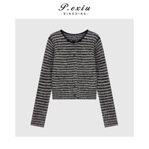 04-2潘依绣丁丁宠粉马海毛撞色条纹拉毛松弛圆领长袖针织开衫Q48881 商品图0