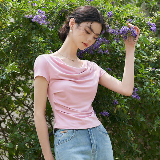 【限时秒杀】西遇一字肩短袖上衣女夏季新款大领口设计感显瘦短款正肩t恤V0050562 商品图2