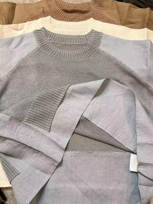 Maxc@假两件亚麻针织T恤。雾霾蓝色/米白/驼色。自己备注号码颜色 商品图10