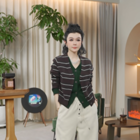 04-2潘依绣丁丁宠粉 100%羊毛复古假两件撞色条纹减龄V领长袖针织开衫Ss061