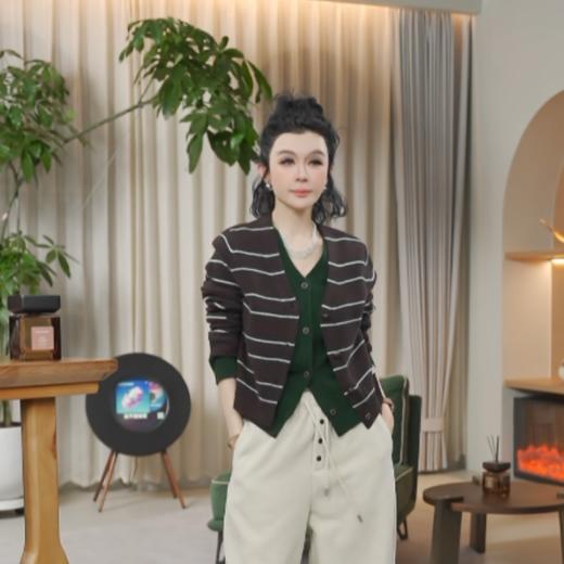 04-2潘依绣丁丁宠粉 100%羊毛复古假两件撞色条纹减龄V领长袖针织开衫Ss061 商品图0