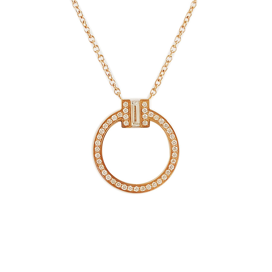 【95新】Tiffany & Co.蒂芙尼Tiffany T 系列玫瑰金满钻方钻圆形项链 链长约45.5cm女士230326NJS09