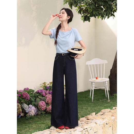 鹿向南「茶烟绕袖」蓝色法式短袖收腰T恤女夏新款设计感时尚上衣 商品图2