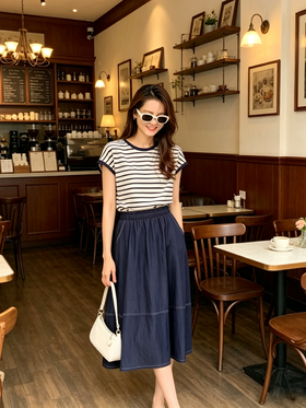 【百图lulu定制】【预售4月21日发】【塞纳河畔套装】仿麻条透气纹针织衫  藏青色A字半身裙