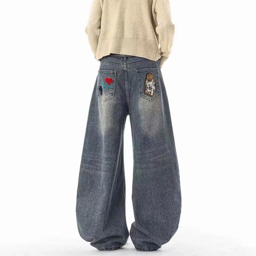 F040518春秋季新款情侣款高街vibe风刺绣拼接做旧风水洗牛仔裤长裤 商品图7