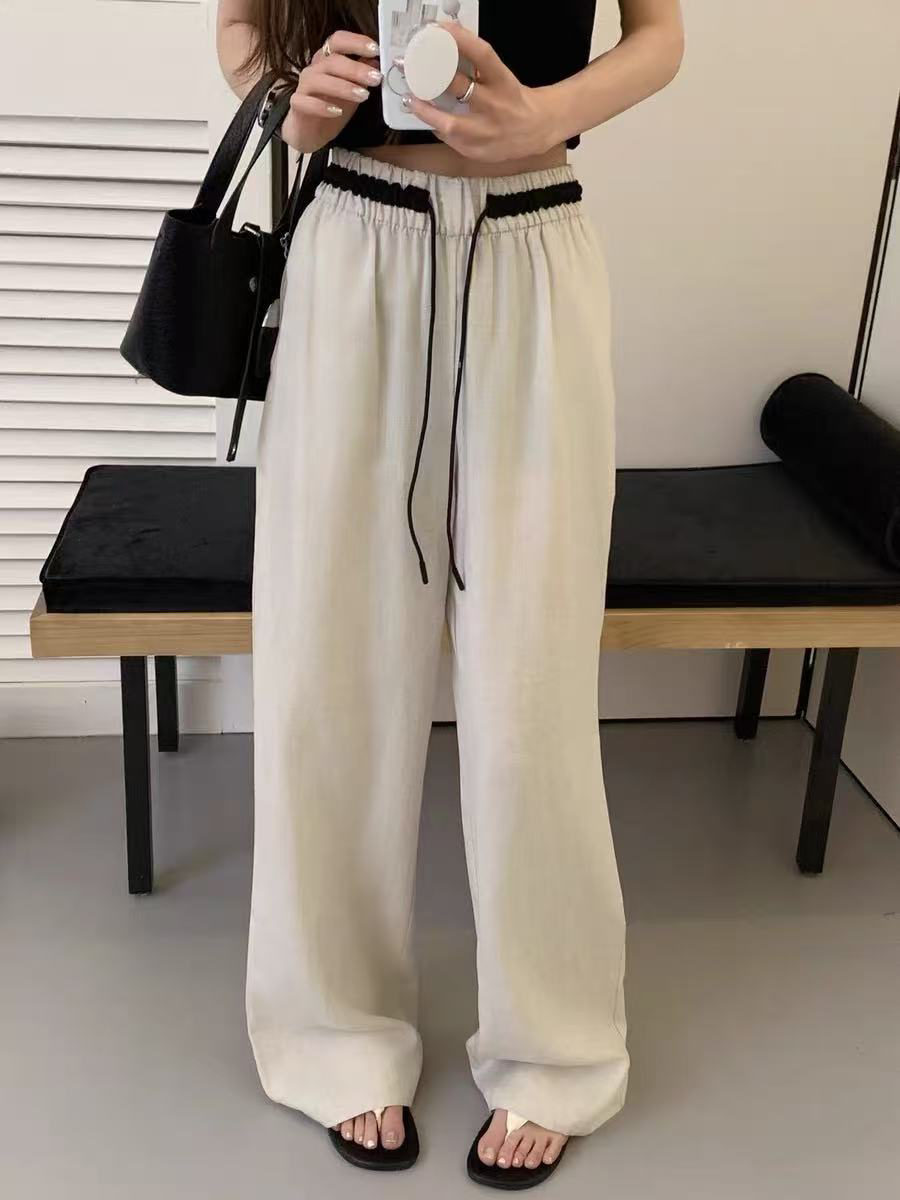原单100%亚麻松紧腰抽绳阔腿直筒裤