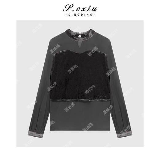 04-2潘依绣丁丁宠粉100%人丝精致高级感拼接丝绒长袖衬衫 W-63536 商品图1