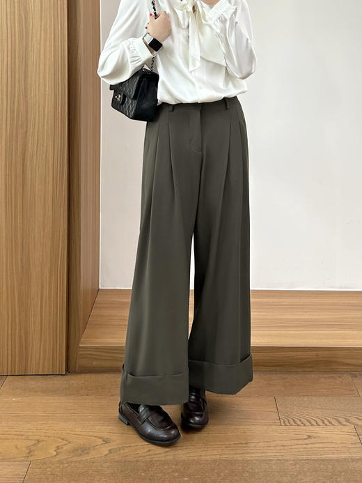 天猫同步【简约高级感】拉夏贝尔/La Chapelle通勤百搭阔腿裤微弹半松紧压褶卷边显瘦休闲裤 商品图6