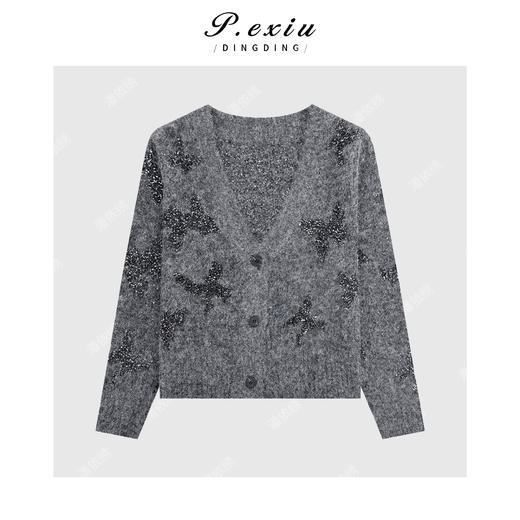 04-2潘依绣丁丁宠粉小众高级蝴蝶结亮片软糯亲肤V领长袖针织开衫Q65421 商品图1