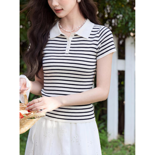 鹿向南「线条画笔」条纹莱赛尔POLO领上衣女夏季亚麻短袖显瘦T恤 商品图2