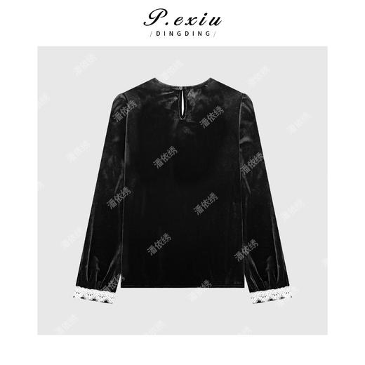 04-2潘依绣丁丁宠粉进口丝绒复古高级撞色拼接钩花翻领长袖衬衫W-63702 商品图1