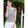 鹿向南「线条画笔」条纹莱赛尔POLO领上衣女夏季亚麻短袖显瘦T恤 商品缩略图1