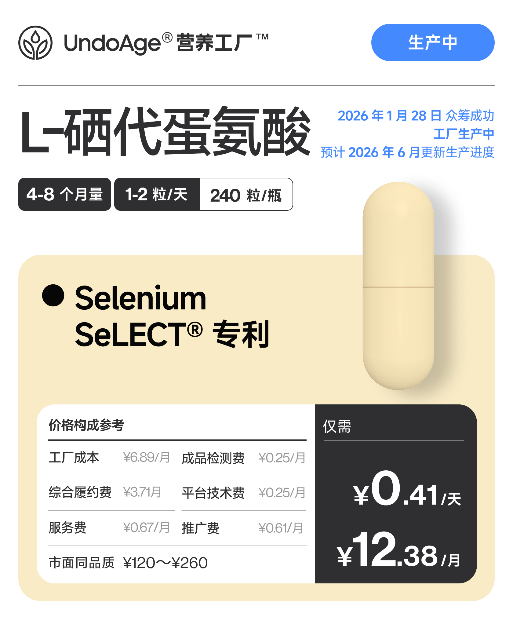L-硒代蛋氨酸 4 个月量｜Selenium SeLECT® 专利成分【2026 年 1 月 28 日众筹成功，工厂生产中，2026 年 6 月更新生产进度】