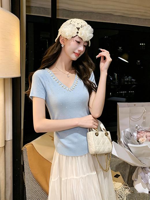 张心子【入夏第一天】独特漂亮钉珠烫钻针织衫女短袖夏新款修身上衣 U2604011 商品图7