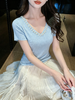 张心子【入夏第一天】独特漂亮钉珠烫钻针织衫女短袖夏新款修身上衣 U2604011 商品缩略图8