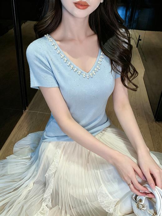 张心子【入夏第一天】独特漂亮钉珠烫钻针织衫女短袖夏新款修身上衣 U2604011 商品图8