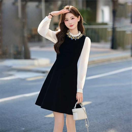 新款时尚气质圆领长袖丝绒连衣裙TSX5080 商品图1