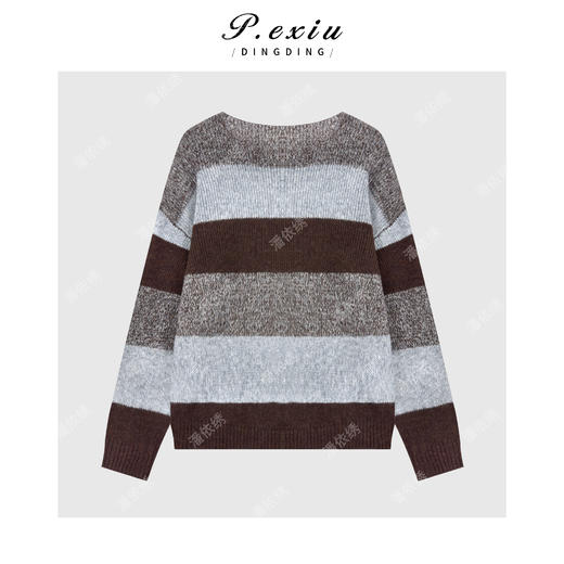 04-2潘依绣丁丁宠粉 山羊绒绵羊毛慵懒风撞色条纹圆领长袖针织上衣Q26574 商品图1