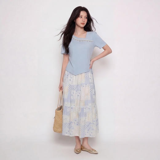 奢姿大码女装2026夏季抽绳减龄印花两件套胖妹妹斜领甜美时尚套装9962994566 商品图1