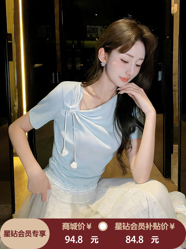 张心子【一见倾心】设计感温柔法式打结上衣女长袖夏季新款打底衫 U2603045