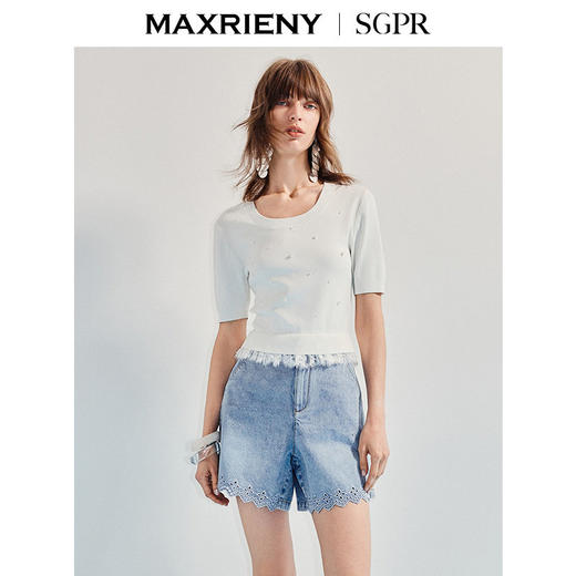 【SGPR】钉珠拼接下摆蕾丝套头针织衫25夏修身上衣女(货号:MU86SW266) 商品图2