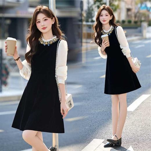 新款时尚气质圆领长袖丝绒连衣裙TSX5080 商品图3