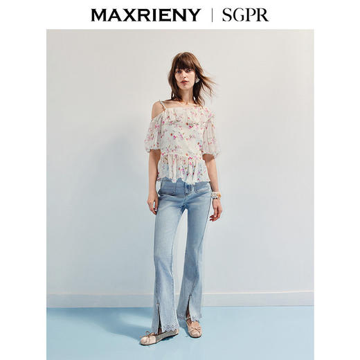 【SGPR】浅牛仔蓝长裤女25夏水洗收腰微喇镂空牛仔裤(货号:MU86TR251) 商品图1