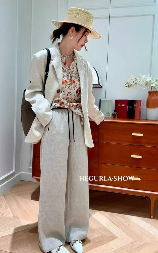 原单新款100%亚麻松紧腰撞色阔腿裤松弛感显瘦中高腰（建议手洗，禁止大太阳暴晒） 商品图2