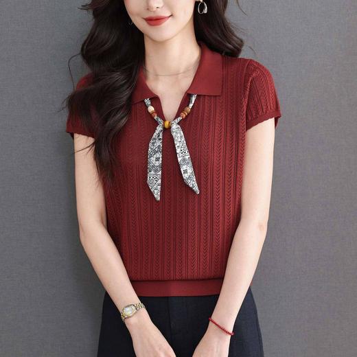 「自」全新升级【铂金会员174/天猫229/差价55】(02702)洛诗琳气质POLO领针织短袖女2026新款飘带镂空冰丝通勤T恤 商品图0