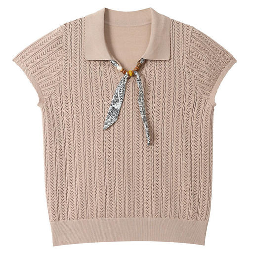 「自」全新升级【铂金会员174/天猫229/差价55】(02702)洛诗琳气质POLO领针织短袖女2026新款飘带镂空冰丝通勤T恤 商品图4