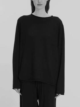 FE｜针织T恤 漂浮卷边针织长袖 [ 黑 ]