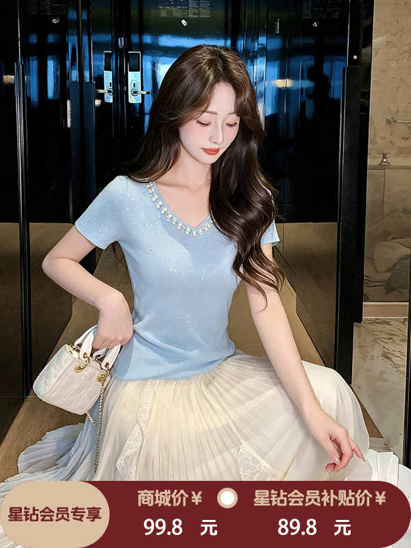 张心子【入夏第一天】独特漂亮钉珠烫钻针织衫女短袖夏新款修身上衣 U2604011