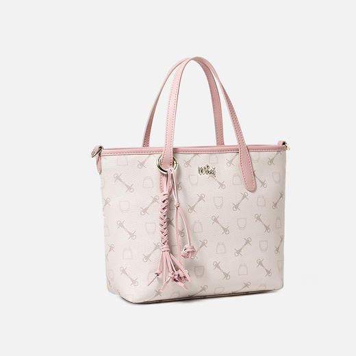 WHY桃桃粉满印钥匙盾牌纹手提托特包 大容量通勤女包 轻奢甜美风 编织流苏装饰 日常/逛街/约会百搭YAP1171002Z 商品图3