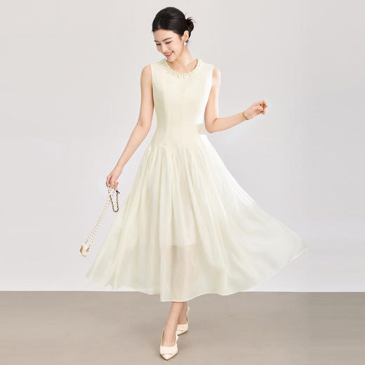 「高货wl」全新升级【铂金会员349/天猫469/差价120】(04427)洛诗琳气质重工钉珠连衣裙2026新款天丝绉纱收腰茶歇裙女 商品图0