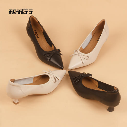和诚行2026夏季新款气质百搭轻便蝴蝶结舒适浅口中跟单鞋0010589 商品图1