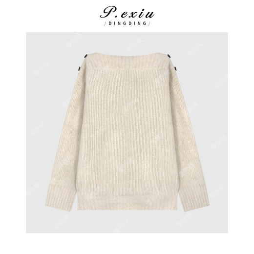 04-2潘依绣丁丁宠粉 羊驼毛羊毛设计感纽扣一字肩软糯长袖针织上衣Q16448 商品图1