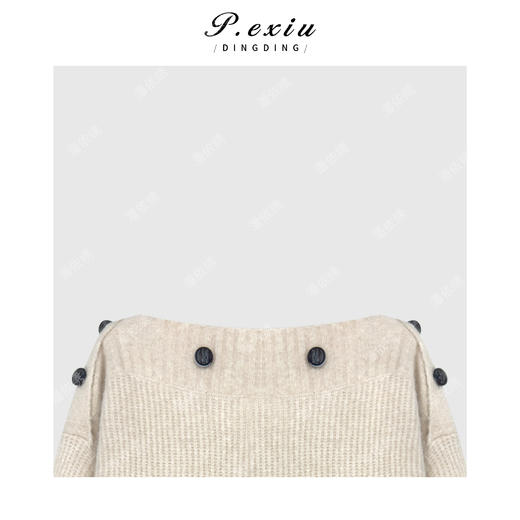 04-2潘依绣丁丁宠粉 羊驼毛羊毛设计感纽扣一字肩软糯长袖针织上衣Q16448 商品图2