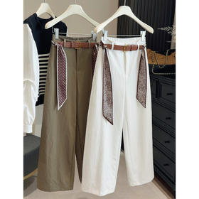 【太金棉休闲阔腿裤】春韩版设计感丝巾系带 高腰百搭直筒裤潮 