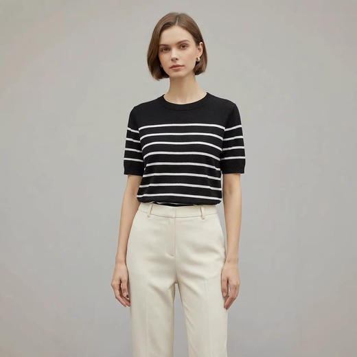 「自」全新升级【铂金会员146/天猫199/差价53】(14348)洛诗琳气质天丝圆领条纹短袖2026新款休闲百搭显瘦针织T恤 商品图0