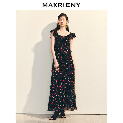 MAXRIENY樱桃印花收腰连衣裙长款25夏季新款法式度假雪纺气质长裙(货号:MS86DR093) 商品图1