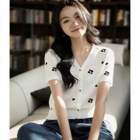 S.Y.C【黛花浅吟】丝 羊 毛V领嵌花半袖女短袖针织衫SYM25052